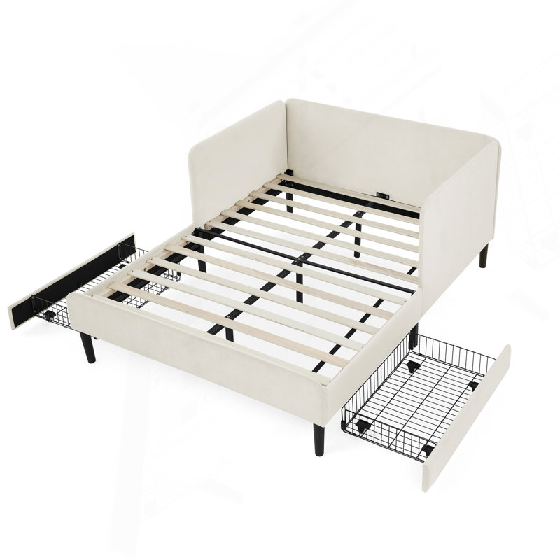 Structure de lit double tapissier pleine grandeur avec 2 tiroirs de rangement, canapé-lit réglable en velours, beige