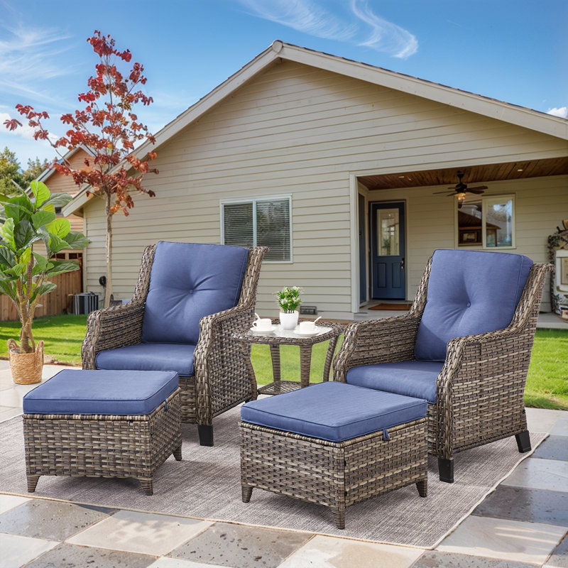 Carlston Outdoor PE Wicker Patio Lounge Chair Set with Side Table and Ottomans