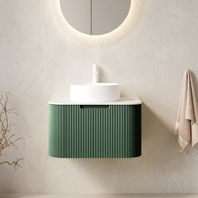 Meuble-lavabo de salle de bain 24 po Dina, armoire de rangement en contreplaqué rayé à bords arrondis avec tiroir, vasque en céramique ronde blanche et plateau en pierre frittée blanc de Carrare, pré-assemblé, couleur vert foncé