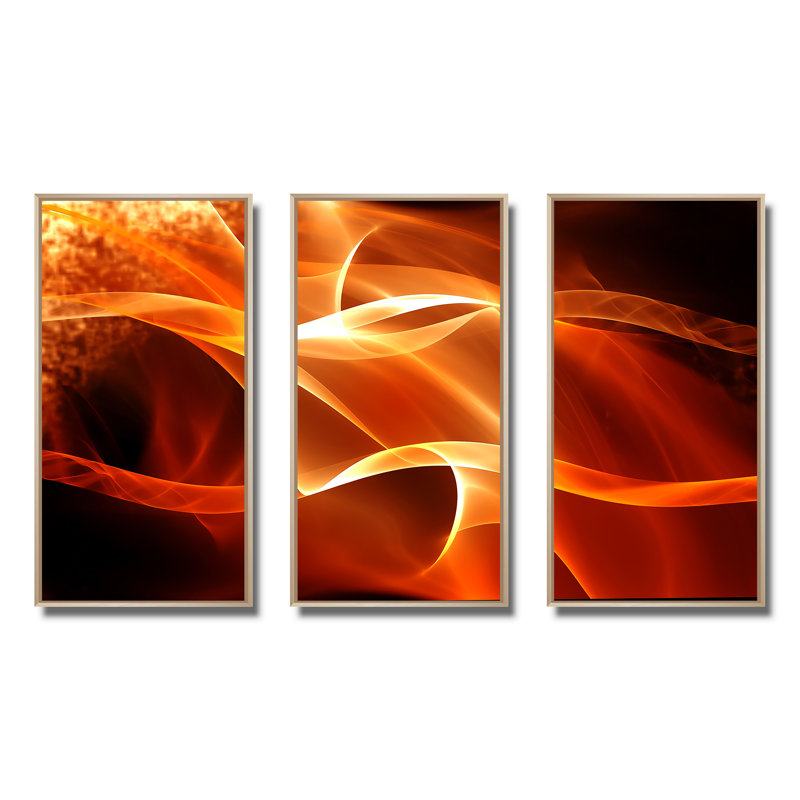 Orange abstrait vagues fractales abstraites - ensemble d'art mural encadré abstrait de 3, H 20 po x l 36 po, Encadrement brun