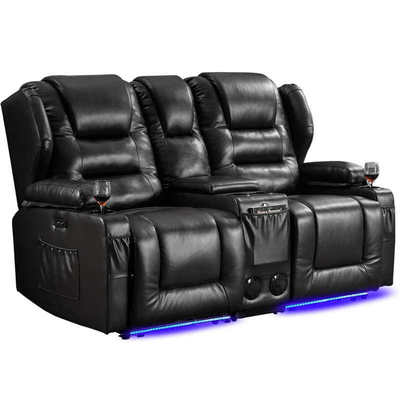 66.9" Wide Power Recliner Loveseat Sofa with Console, Bluetooth Speaker and LED Lights, Black