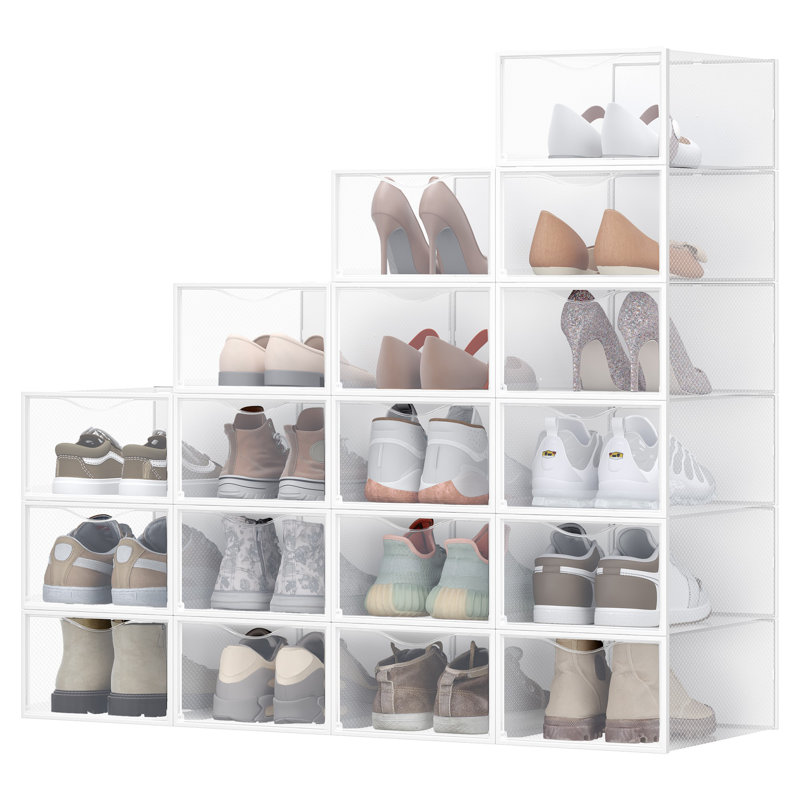 Stackable Shoe Boxes, Set Of 18 Plastic Shoe Organizers, 13.1 X 9.1 X 5.6 Inches, For US Size 11, Transparent/Cloud White