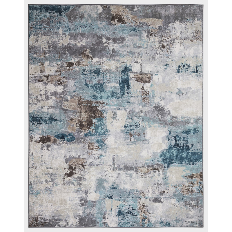Lyanne Washable Non-Slip Blue Area Rug, Rectangle 5'3" x 6'9"