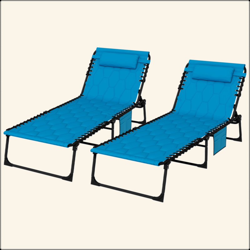Folding Chaise Lounge Set With 5-Level Reclining Back, Outdoor Lounge Tanning Chair With Padded Seat, Side Pocket & Headrest For Beach, Yard, Patio
