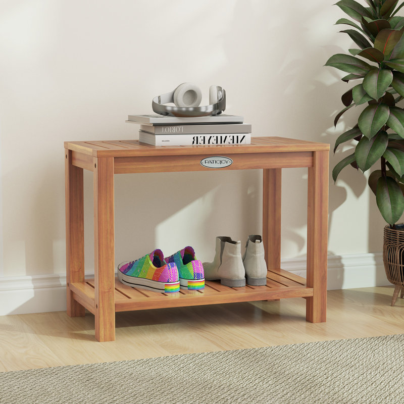Teak Wood Shower Bench Inside Shower Stool w/ Storage Shelf for Adults, 18" H x 24" W x 12.5" D