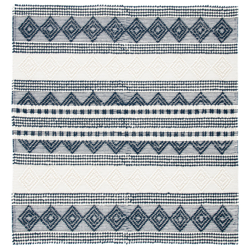 Southwestern Hand Woven Wool/Cotton Southwestern Rug, Square 8', Dark Navy/Ivory