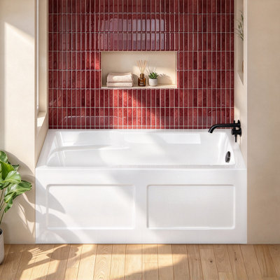 60 in W x 32 in D White Acrylic Soaking Bathtub with Built In Armrests Textured Floor Alcove Design Right Drain Matte Black Drain Assembly