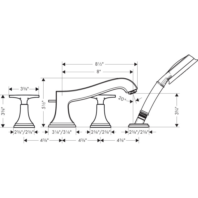 Hansgrohe Metropol Classic 4-Hole Roman Tub Set Trim with 1.8 GPM Handshower Trim Set Only, Matte Black, Cross Handle