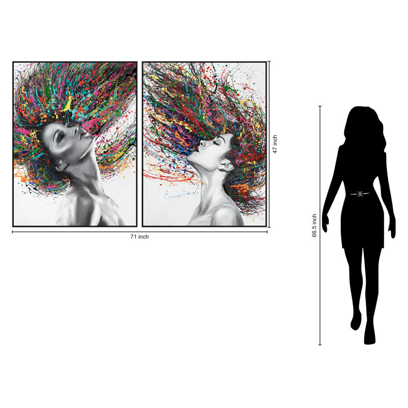 Art mural sur toile Vivid Muse: Dual Color Splash Portraits - Cadre noir