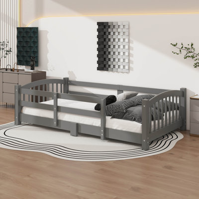 Floor Bed With Slats And High Guardrail, Montessori Floor Bed With Fence, Without Door
