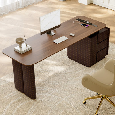 Nut-brown + Brown Rectangular Manufactured Wood with 3 drawers desk