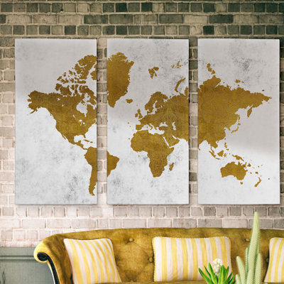 Champaign Gold Map - 3 Piece Wrapped Canvas Graphic Art Print Set