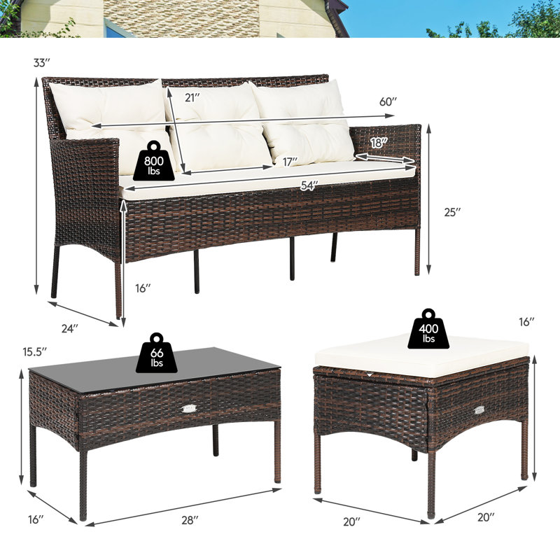 Hersey Wood 4 - Person Patio Conversation Set with Cushions, White