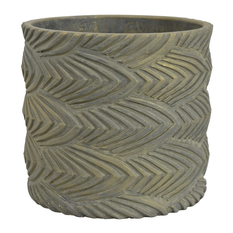 Jardinière cylindrique, motifs de plumes surélevées, terre cuite grise et dorée 7 pouces