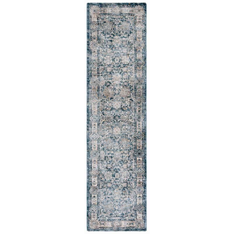 Tapis oriental bleu / ivoire / jaune Faneuil, Tapis de couloir de 2 pi x 8 pi