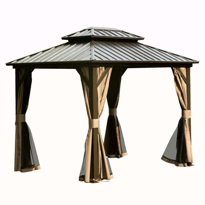 Pavillon de jardin permanent en métal 8 pi x 10 pi avec toit double en acier galvanisé, rideaux et filet pour la fête, le mariage, les repas en plein air, le patio, la cour arrière