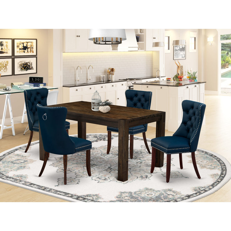 Cet ensemble de salle à manger moderne 5 pièces comprend une table de cuisine rectangulaire en bois rustique et 4 chaises rembourrées en tissu de polyester, 36 x 60 pouces, jacobin vieilli