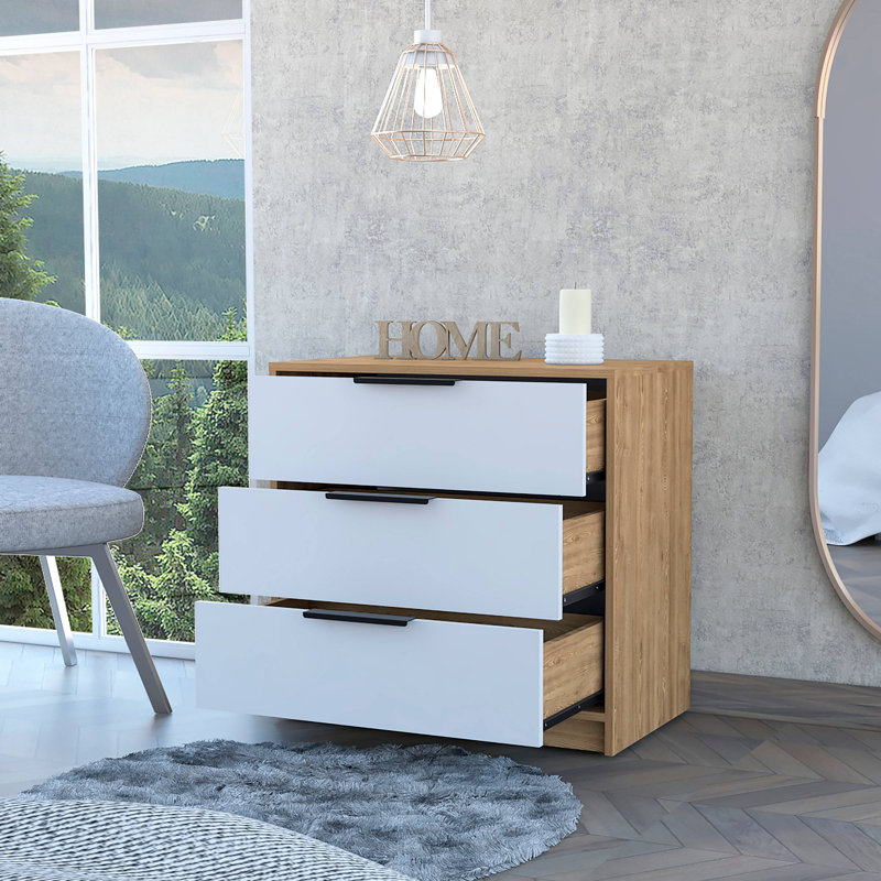 Commode 3 tiroirs, plateau supérieur, Brun / Blanc