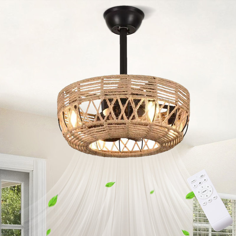 Vintage Rope Ceiling Fan Light With Remote Control 6 speeds and 1H/2H/4H timer setting