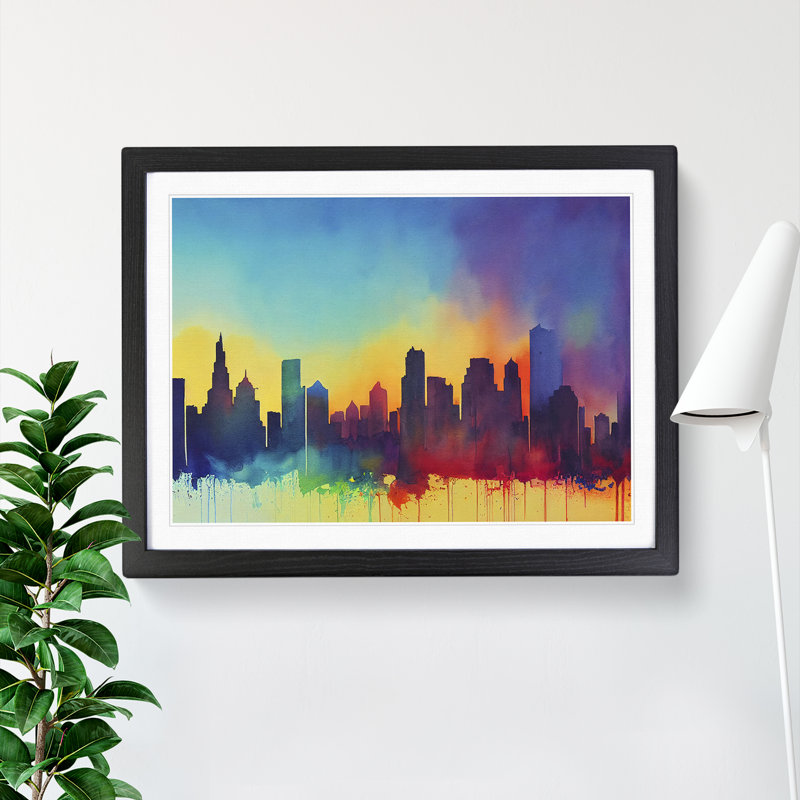 Watercolour City Skyline Vol.7 Abstract - Single Picture Frame Print, Black Framed, 46cm H x 64cm W x 2cm D