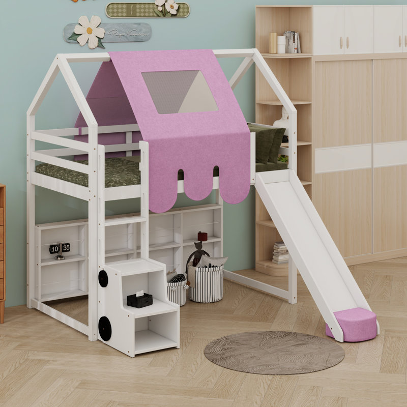 Structure de lit en mezzanine avec tente, Lit simple, Blanc / Rose