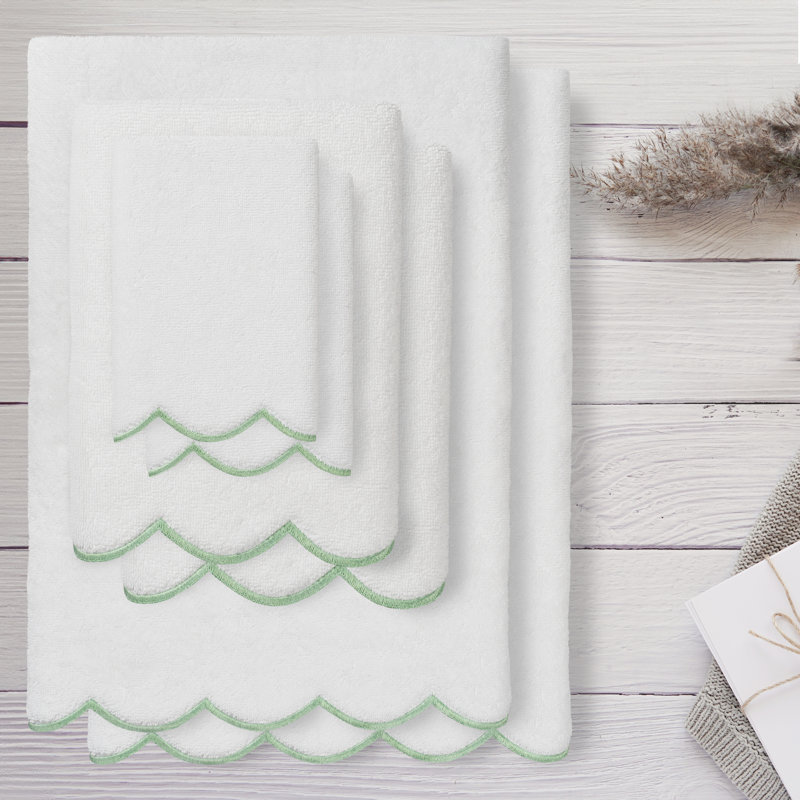  100% Turkish Cotton ADORNIA Scallop 6PC Towel Set, White/Green, 6 Piece Towel Set