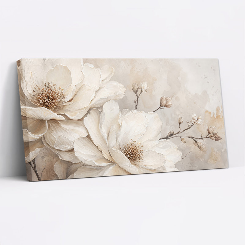 Tableau sur toile texturée à fond beige avec des fleurs de magnolia blanc, 46"W x 24"H