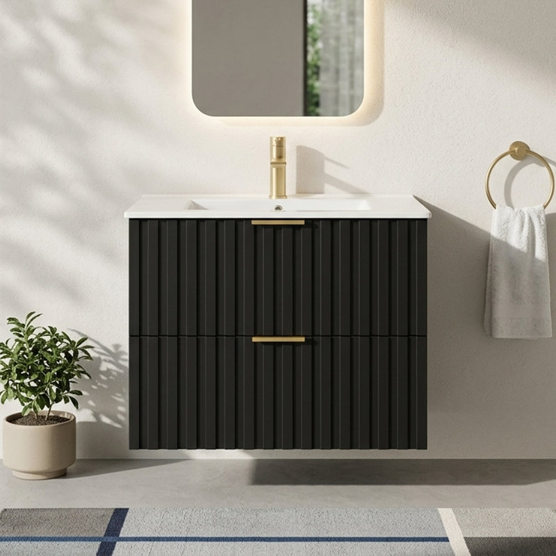 Meuble-lavabo mural cannelé noir 30 po avec comptoir simple en céramique blanche