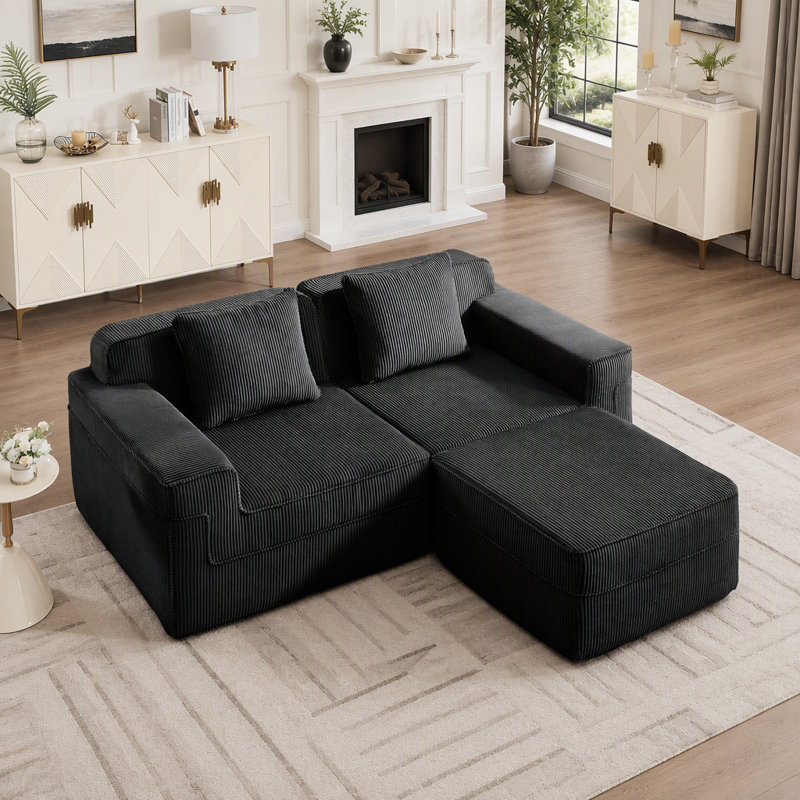 Canapé modulaire modulaire en L à 2 places sans os, canapé modulaire Cloud avec assise profonde, canapé modulaire moderne à 2 places avec coussins décoratifs et 1 repose-pieds mobile, tissu en velours côtelé