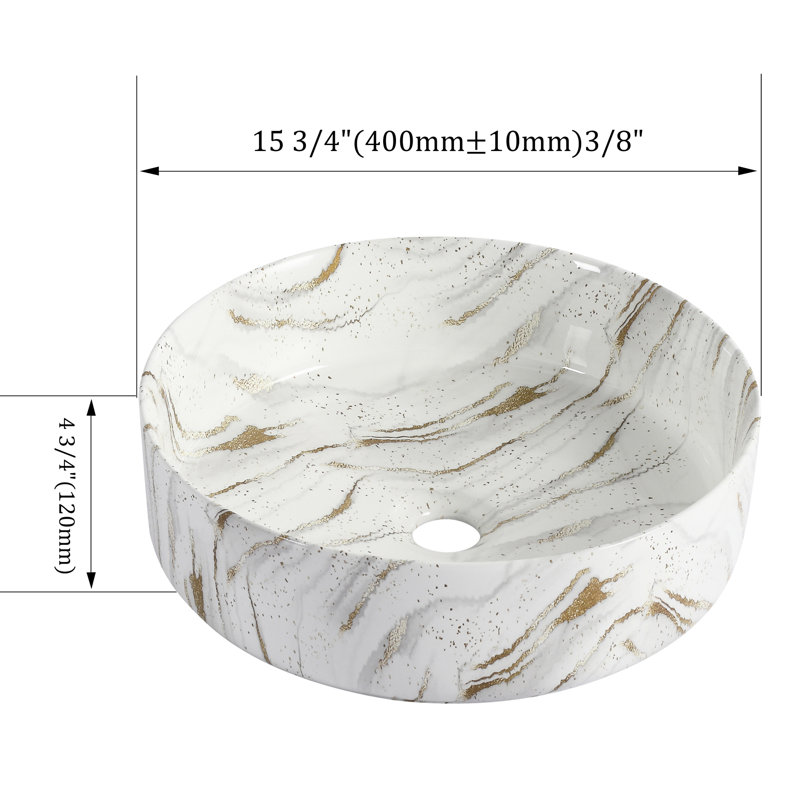 Round Above Counter Ceramic Art Sink For Bathroom, High - Quality Glaze, Well Crafted, 15.7 Inches Wide, 18.9 Lb Bathroom Counter, Featuring White And Gold Design, Three Layers Of Easy To Maintain,