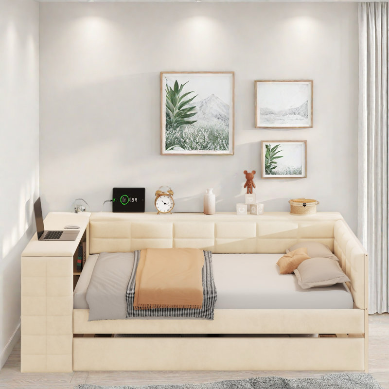 Upholstered Daybed With Storage Shelves, Desk, Charging Station And Trundle, Beige