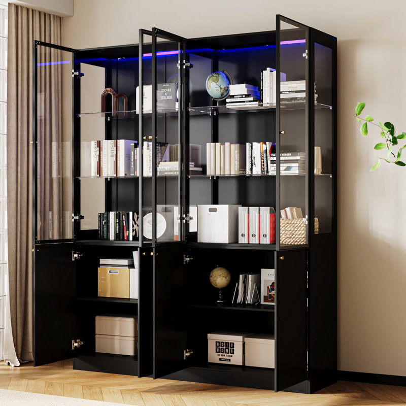 Bibliothèque de 78,7 po x l 63 po avec portes à DEL et en verre
