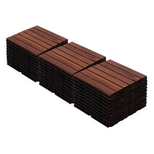 30 PCS Interlocking Deck Tiles Striped Pattern, 12" X 12" Dark Brown Square Acacia Hardwood Outdoor Flooring For Patio, Bancony, Pool Side