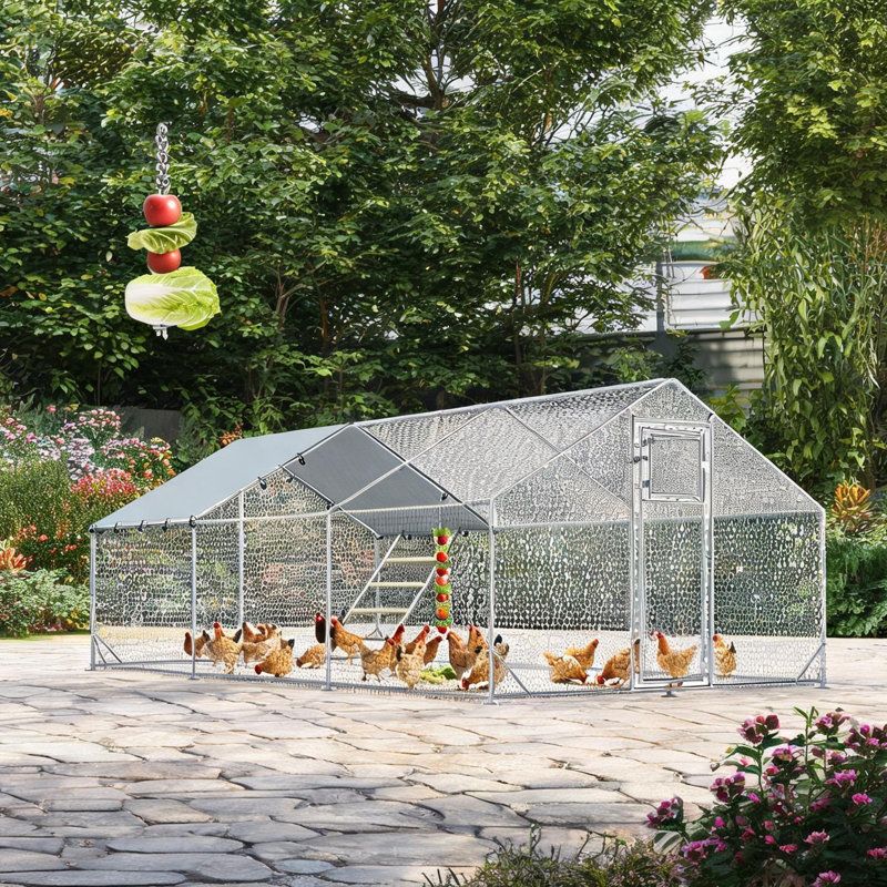Parc à poulets de 194 pieds carrés avec cadre en acier galvanisé et revêtement argenté doux résistant aux rayons UV
