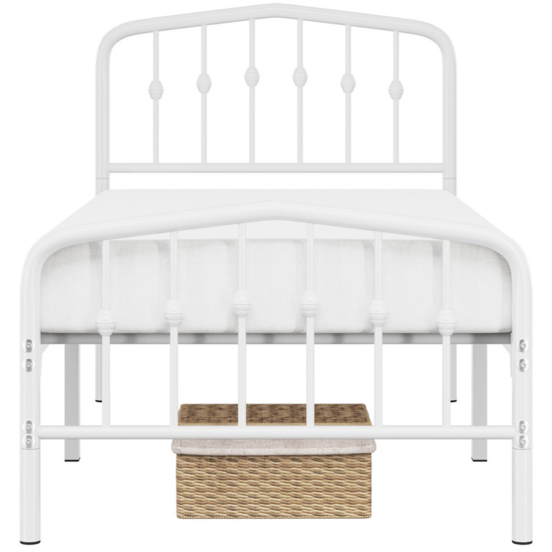 White Twin Metal Platform Bed with Victorian Headboard and Footboard