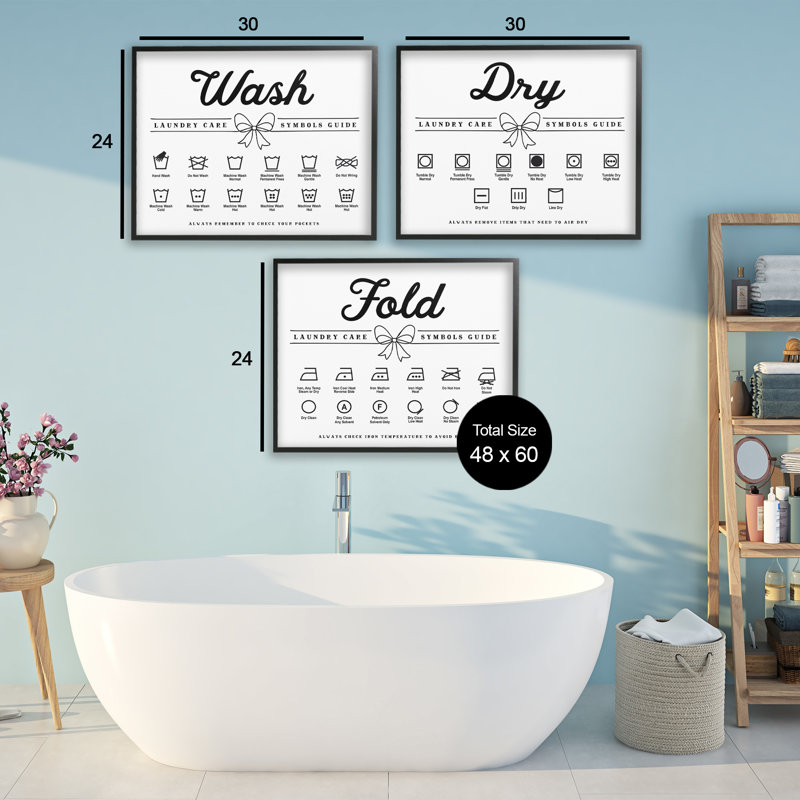 «Wash Laundry Symbols Bow Accent», ensemble de 3 giclées encadrées, design par lettré et doublé, H 24 po x l 30 po