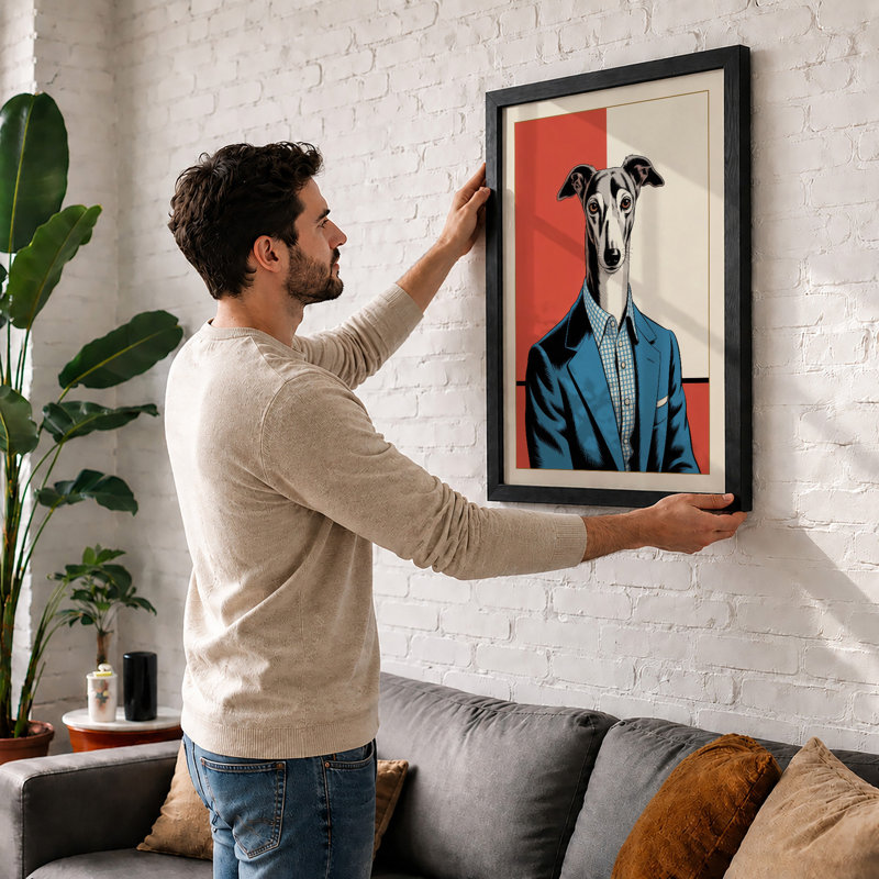 Greyhound in Blue Modern - Framed Print, A3 - 42.0 x 29.7 cm, Oak