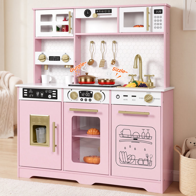 Cuisine en bois pour enfants avec lumières et sons, cuisine de jeu d'imitation avec accessoires pour les tout-petits de 3 à 8 ans