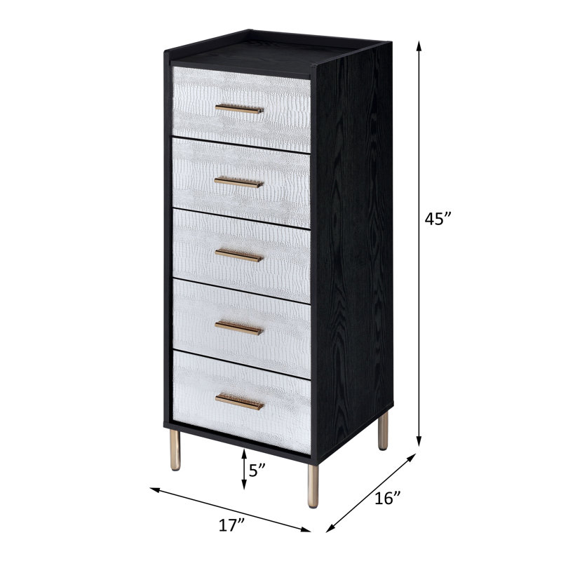 Myles Contemporary Rectangular 4-Drawer Jewelry Armoire with Metal Legs, Black/Silver/Gold