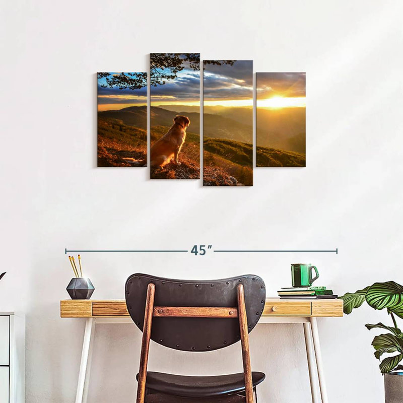 Chien regardant un lever de soleil sur toile 4 pièces, H 22 po x l 36 po x P 1 po