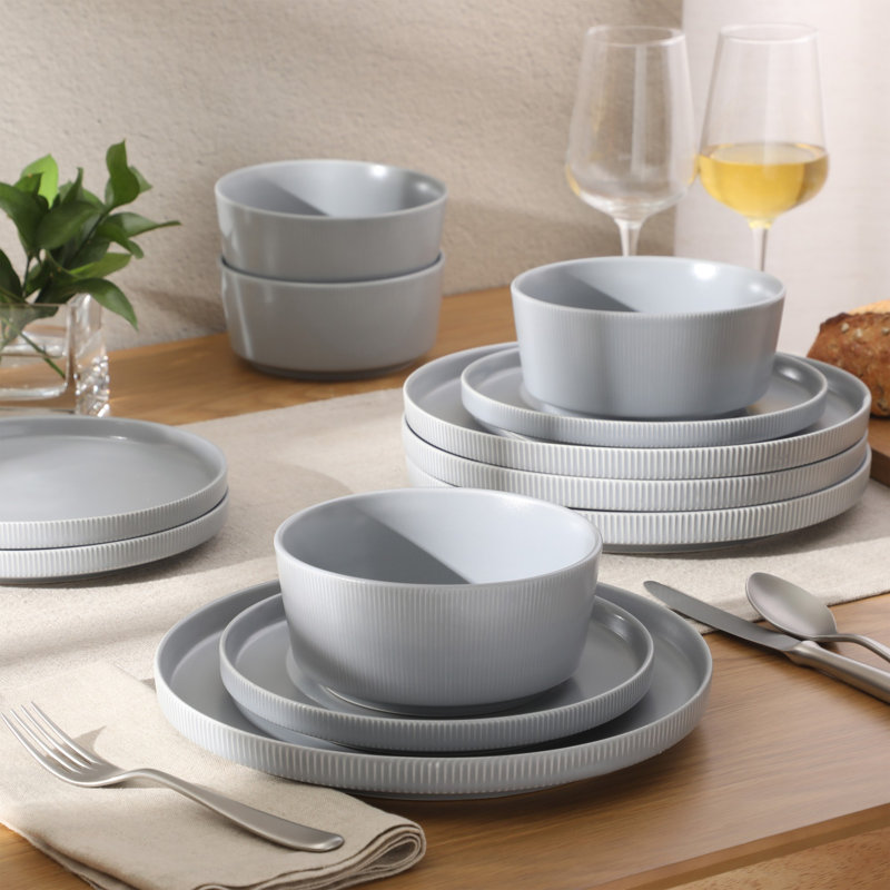 Ensemble de vaisselle 12 pièces en grès Gibson Home Dempsey Road - Service pour 4 personnes, assiettes et bols ronds gris, ensemble de vaisselle moderne en relief durable