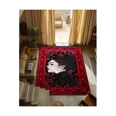 Tapis à motif frangé à motif lavabo noir et rouge Waso