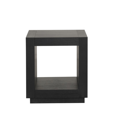 Table d'appoint de style contemporain, fini noir, tablette ouverte et socle, en bois d'hévéa d'ingénierie, 51 cm de large, 56 cm de hauteur, pour le salon.