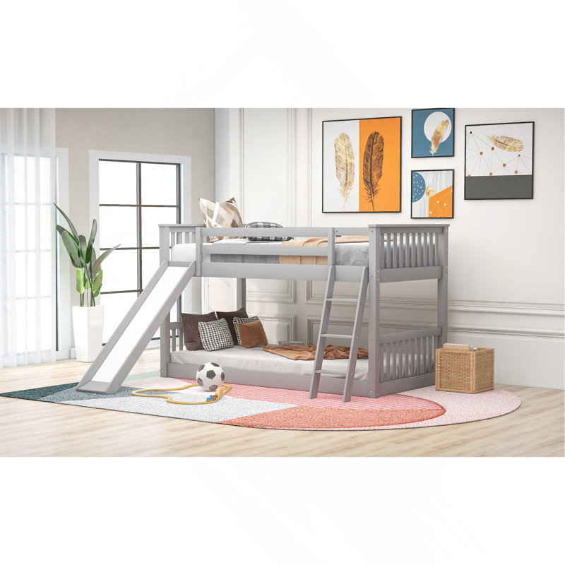 Lit superposé simple au-dessus d'un lit simple avec glissière convertible et échelle, Gris