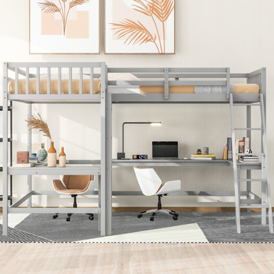 Lit mezzanine simple en L avec 2 bureaux encastrés en bois gris - Élégant et spacieux
