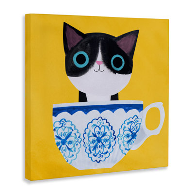 Tasse à thé chaton sur toile jaune, design par Angie Rozelaar