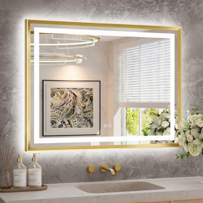 Bathroom LED Mirror Brushed Gold 40x30'' Metal Frame Frontlit & Backlit Vanity Mirror with Anti-Fog, Dimmable 3 Colors Wall-Mounted