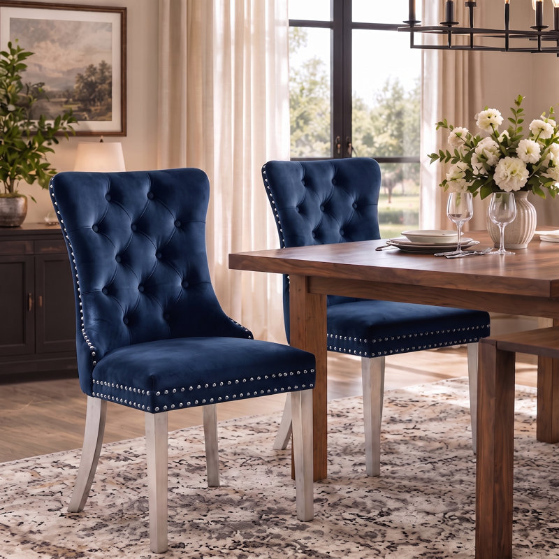 Chaise de salle à manger moderne en velours avec dossier capitonné et garniture cloutée (lot de 2)