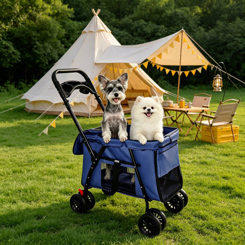 Poussette pour animaux de compagnie, conception pliable à 4 roues, poussette respirante en maille pour chat avec roues antichoc, système de frein, plateau de rangement, 2 laisses de sécurité fixes, grand espace pour petits animaux de compagnie de taille moyenne, bleu marine