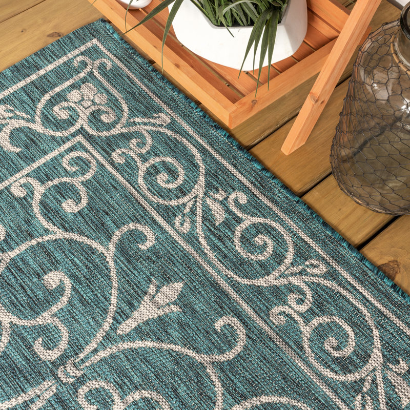 Hagerman Vintage Filigree Textured Weave Teal/Gray Indoor/Outdoor Rug, Rectangle 5'3" x 7'7"